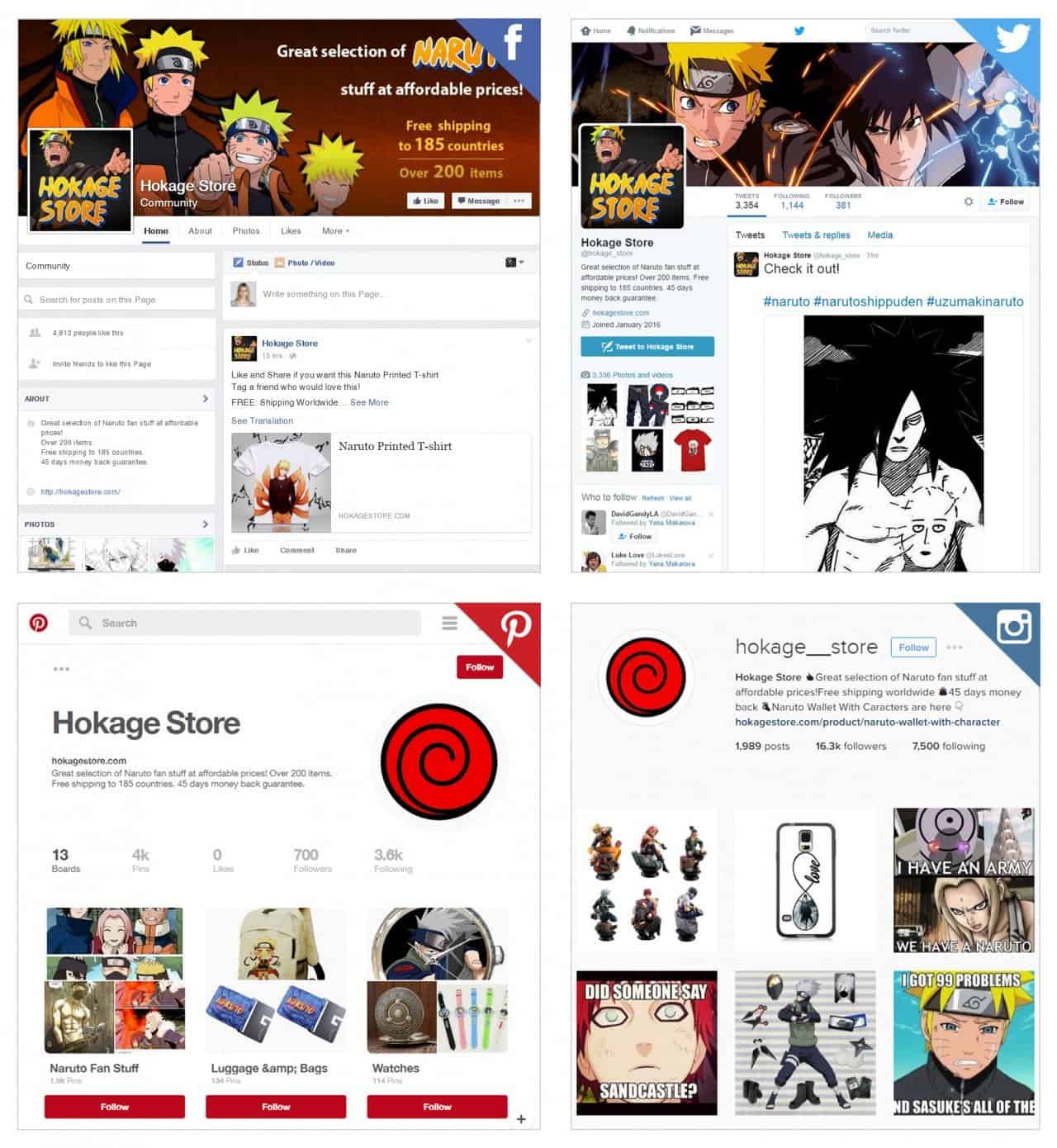 How to Promote a Dropshipping Store on Social Media Screenshots of business accounts on Facebook, Twitter, Pinterest, and Instagram