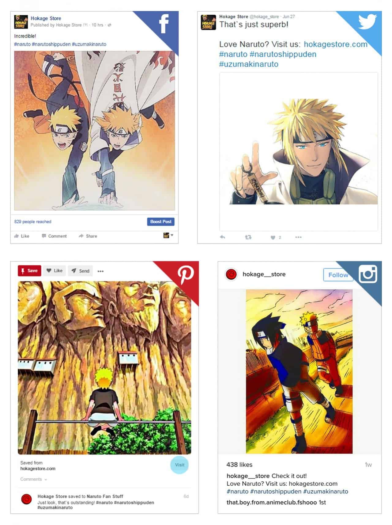 How to Promote a Dropshipping Store on Social Media Screenshots of semi-automated Gallery posts published on Facebook, Twitter, Pinterest, and Instagram