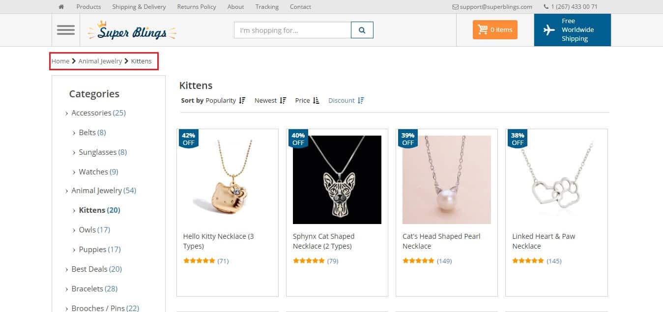 The so-called breadcrumbs on the webpage of an online store