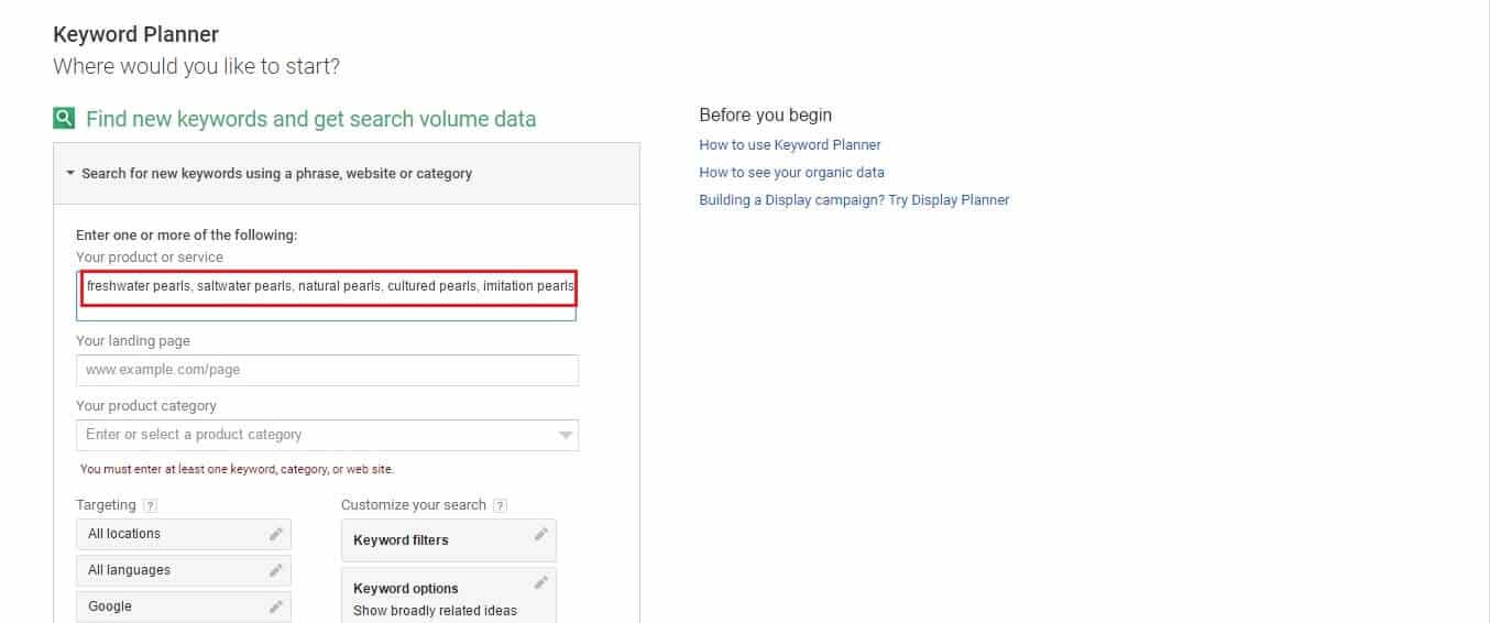 Using Google keyword planner to optimize an ecommerce website for search engines