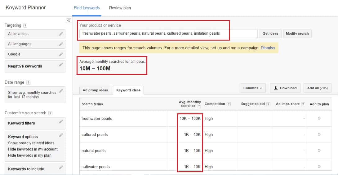 Selecting keywords in Google keyword planner