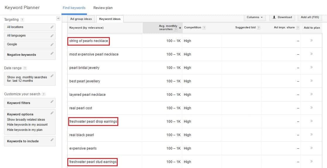 Long-tail keywords in Google keyword planner