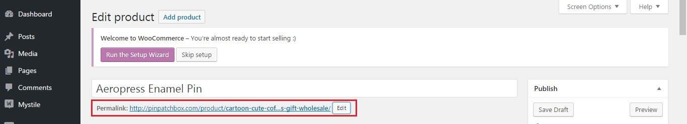 A product page URL that requires editing