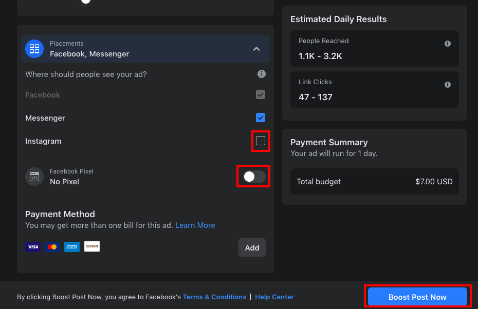 FB boost Placements and Payment