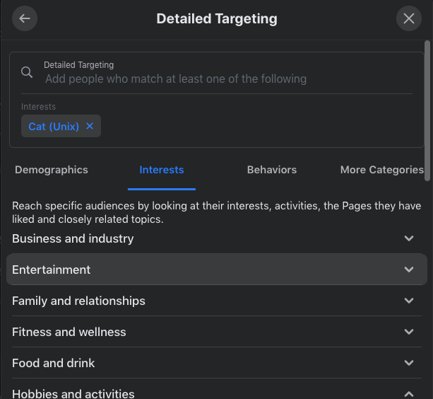edit FB audience interests