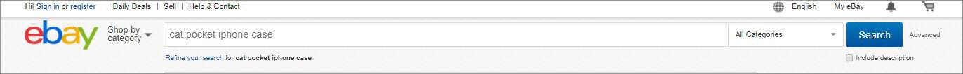 Image of eBay search field containing the query "Cat pocket iPhone case"