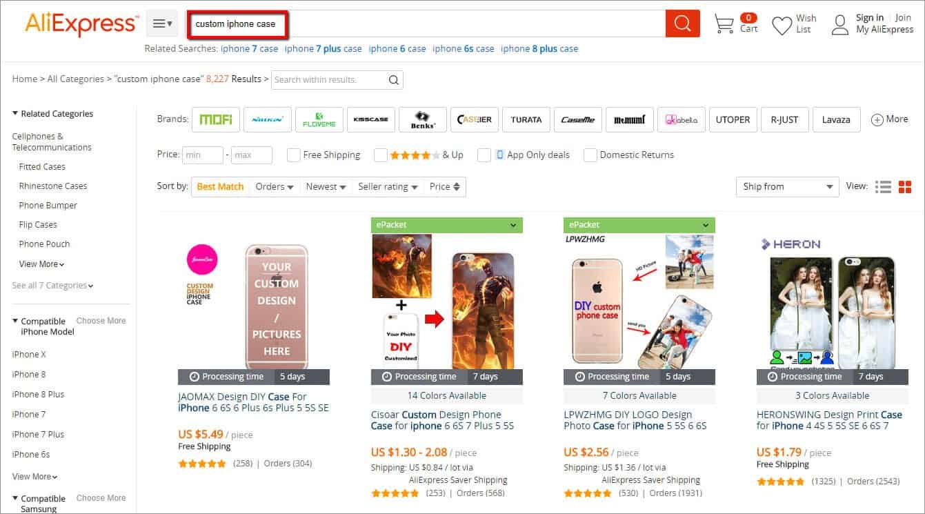 Screenshot showing AliExpress sellers offering custom design iPhone cases