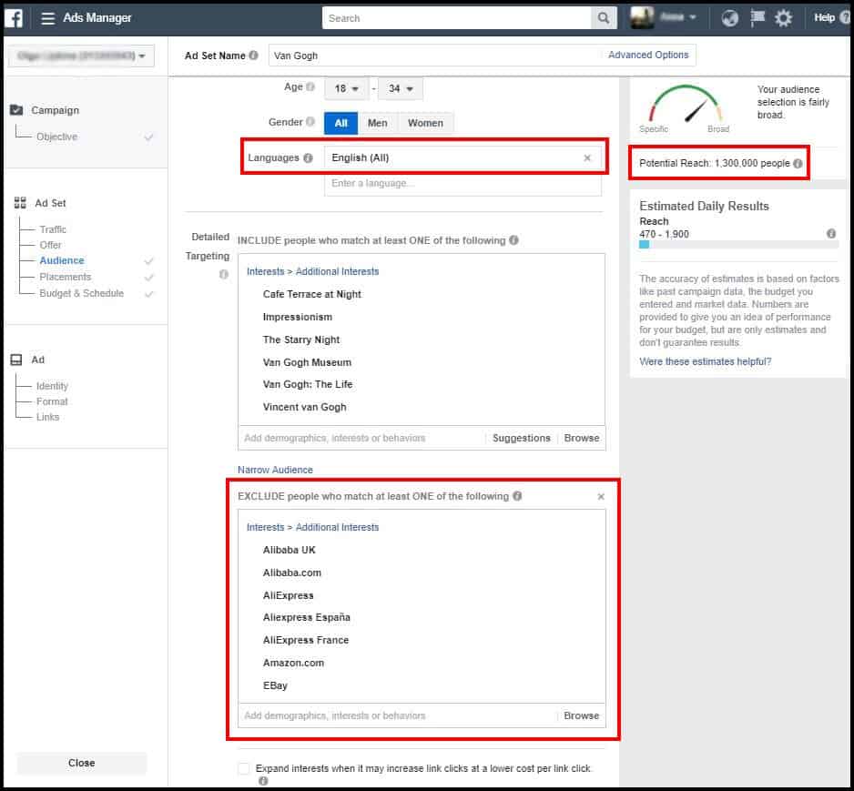 exclude facebook audience interests