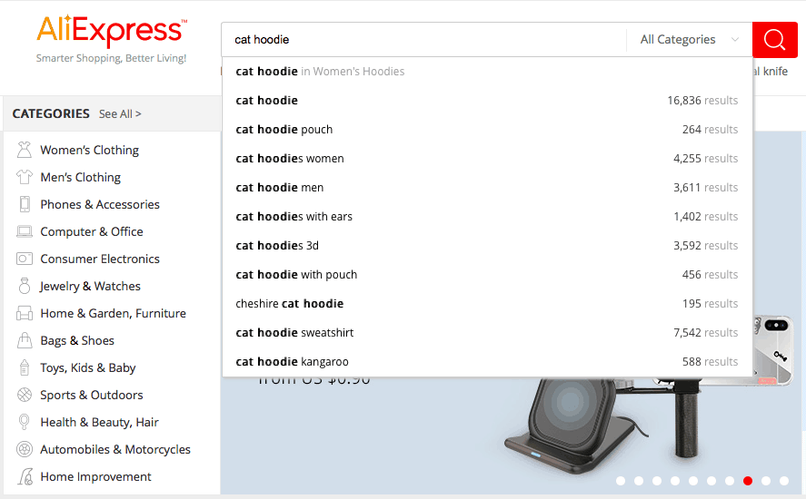 a picture showing how to use AliExpress search bar to find product ideas to sell