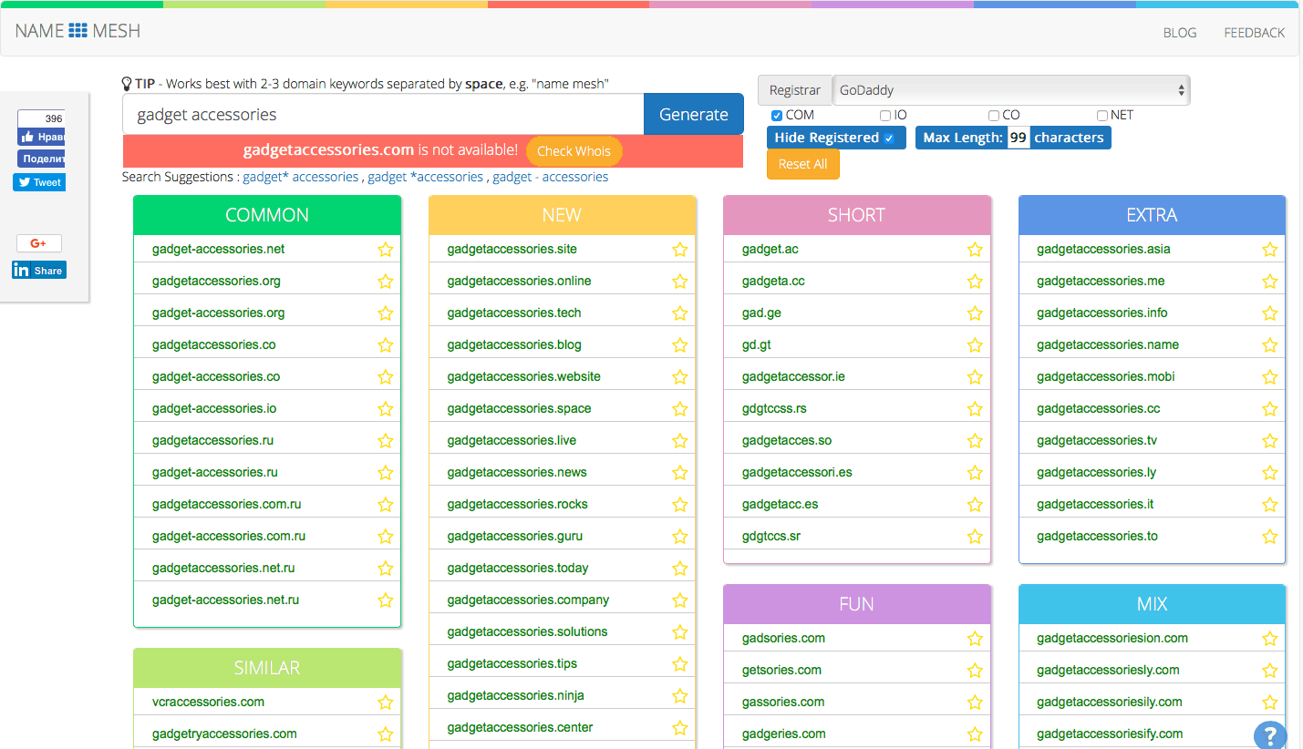 Domain name suggestions on NameMesh