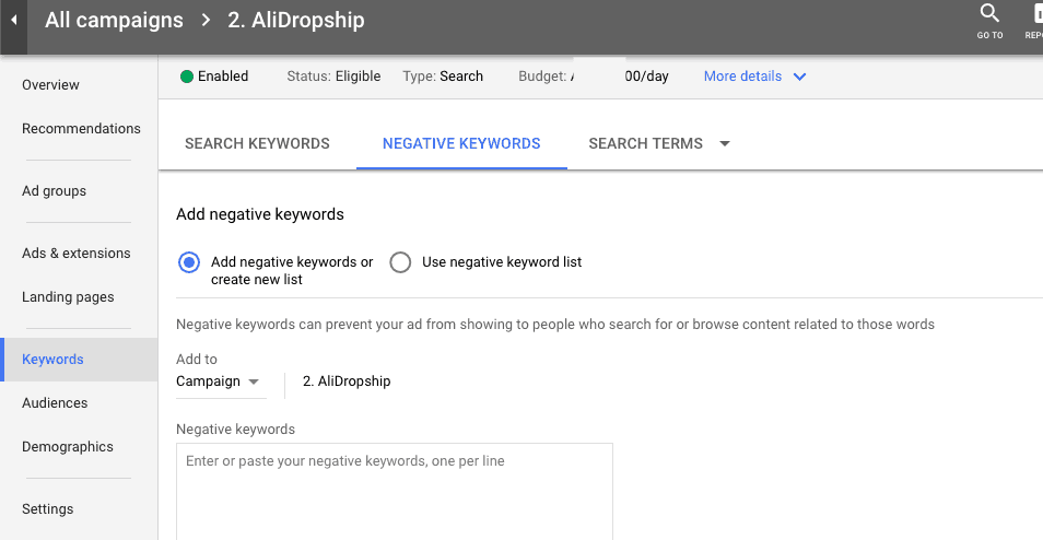 negative keywords in Google Ads