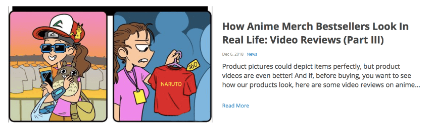 A blog post dedicated to anime products as an example of evergreen content.