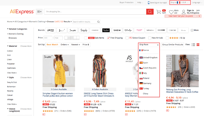 Selecting the country to ship from on AliExpress
