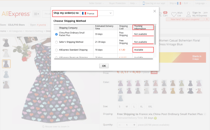 Selecting the delivery options for AliExpress products
