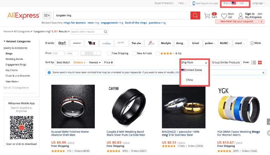 AliExpress suppliers ship from the USA