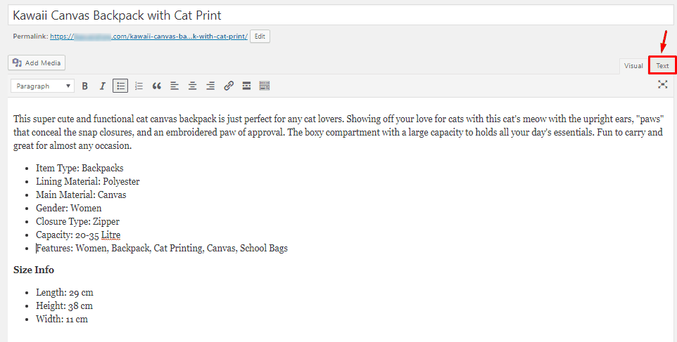 Creating product videos for marketing: editing the text description on the product page