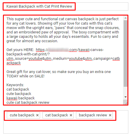 Creating product videos for marketing: writing title and description