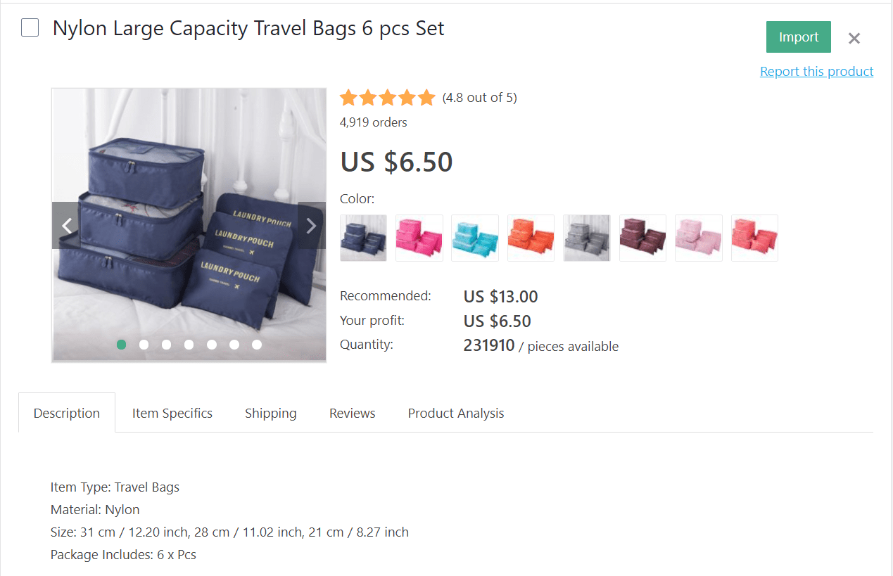 If you want to dropship travel products, consider selling large-capacity nylon travel bags