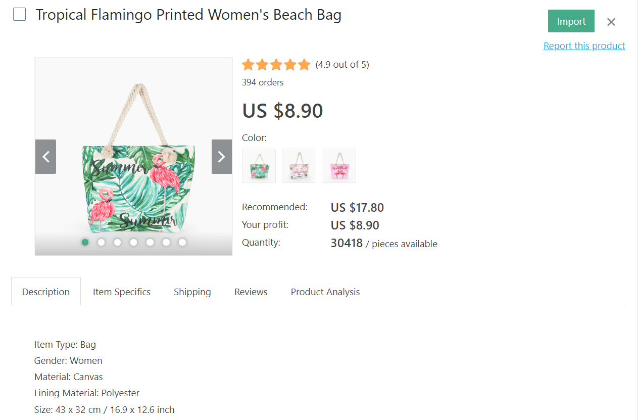 Tropical flamingo printed beach bag for women is another product idea for dropshipping