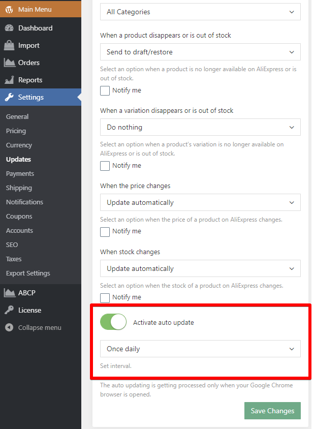 a screenshot showing settings of AliDropship Plugin