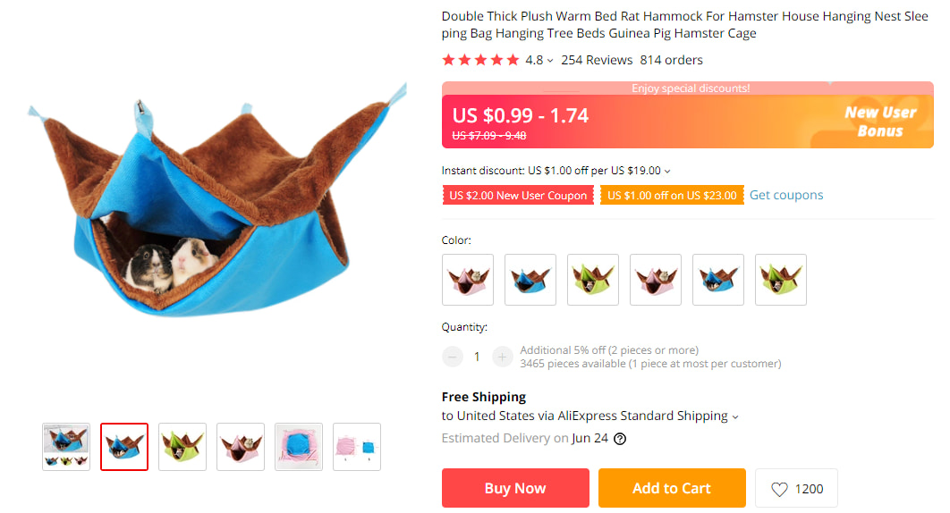 Hanging nest for a hamster cage on AliExpress