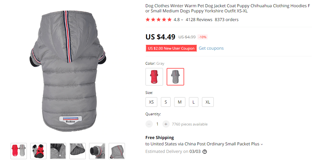 Warm dog jacket on AliExpress