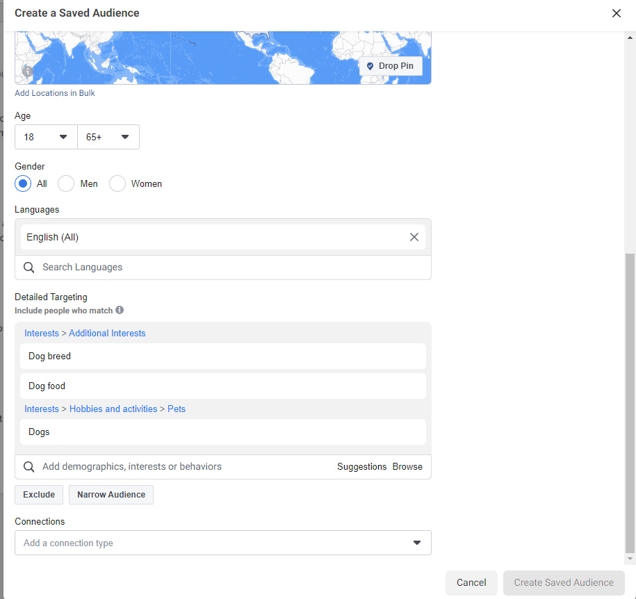 Detailed targeting settings for a Facebook audience