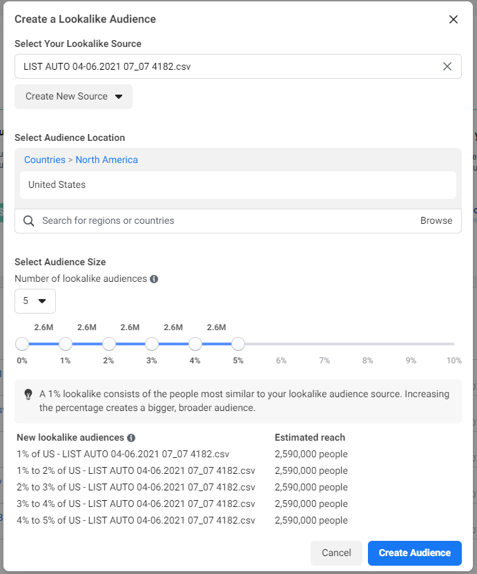 Facebook lookalike audience settings