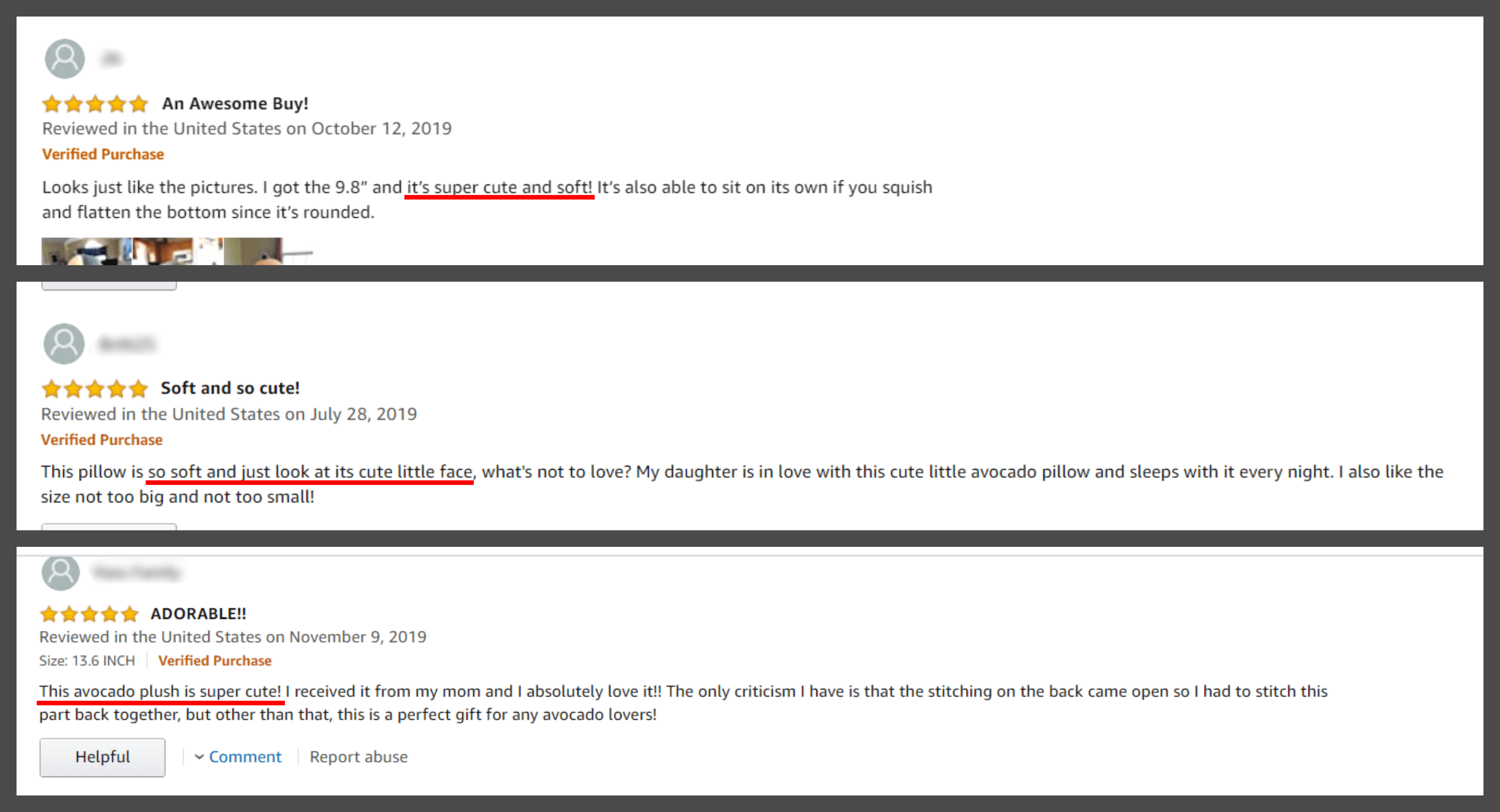 Customer reviews on an avocado plush toy