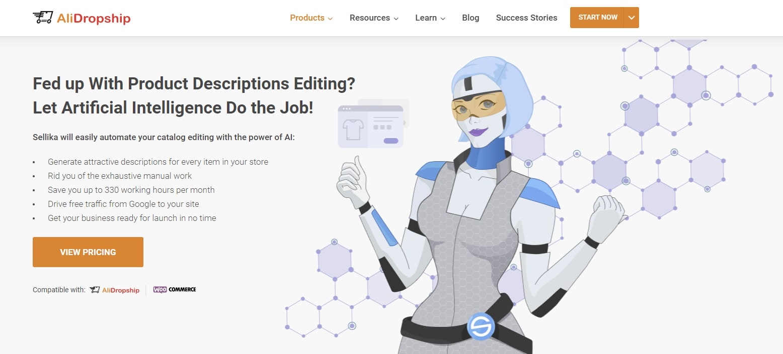 a picture introducing a new product description generator by AliDropship - it's Sellika