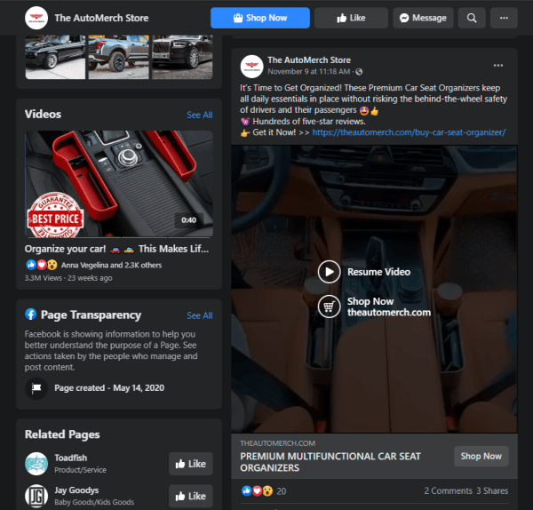 A screenshot showing a Facebook ad leading to a pre-made landing page
