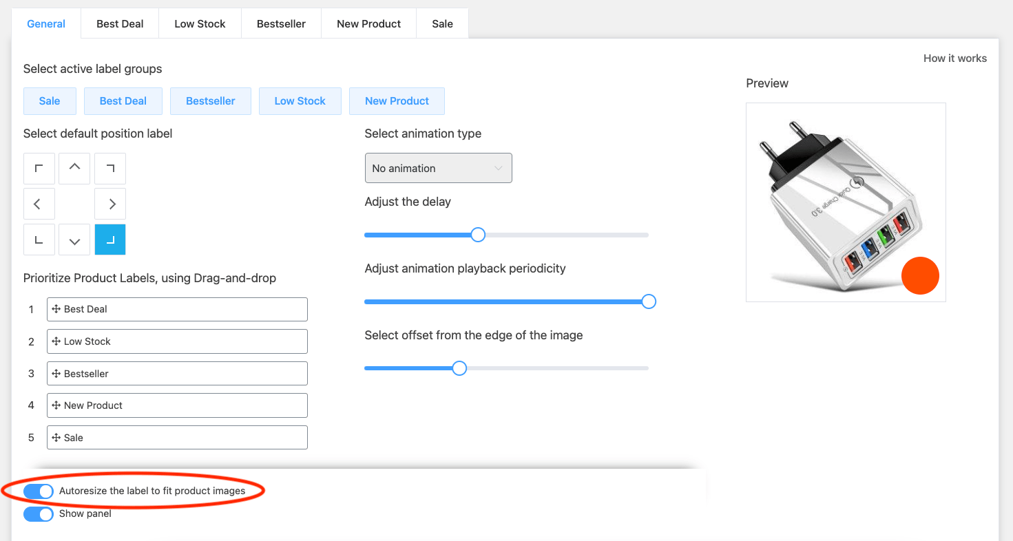 a picture showing an autoresizing option product labels add-on suggest