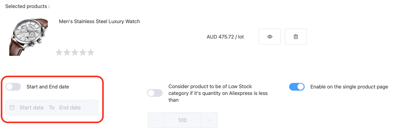 a screenshot showing time settings the product labels add-on provides
