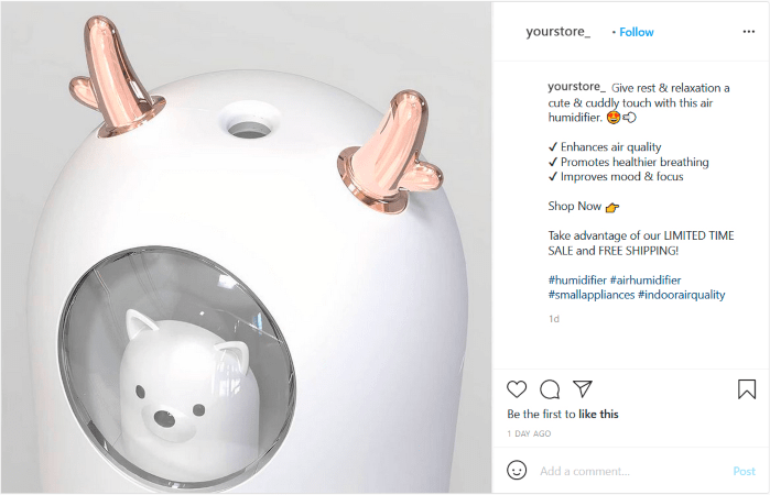 An example of an Instagram post using hashtags