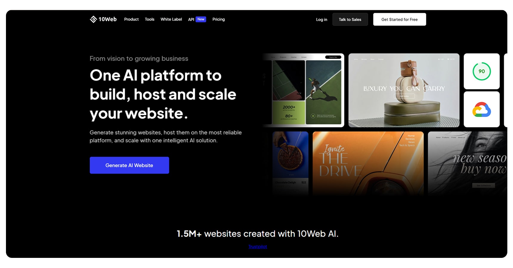 Screenshot of the 10Web's homepage for The Best AI Apps And Tools For Ecommerce article