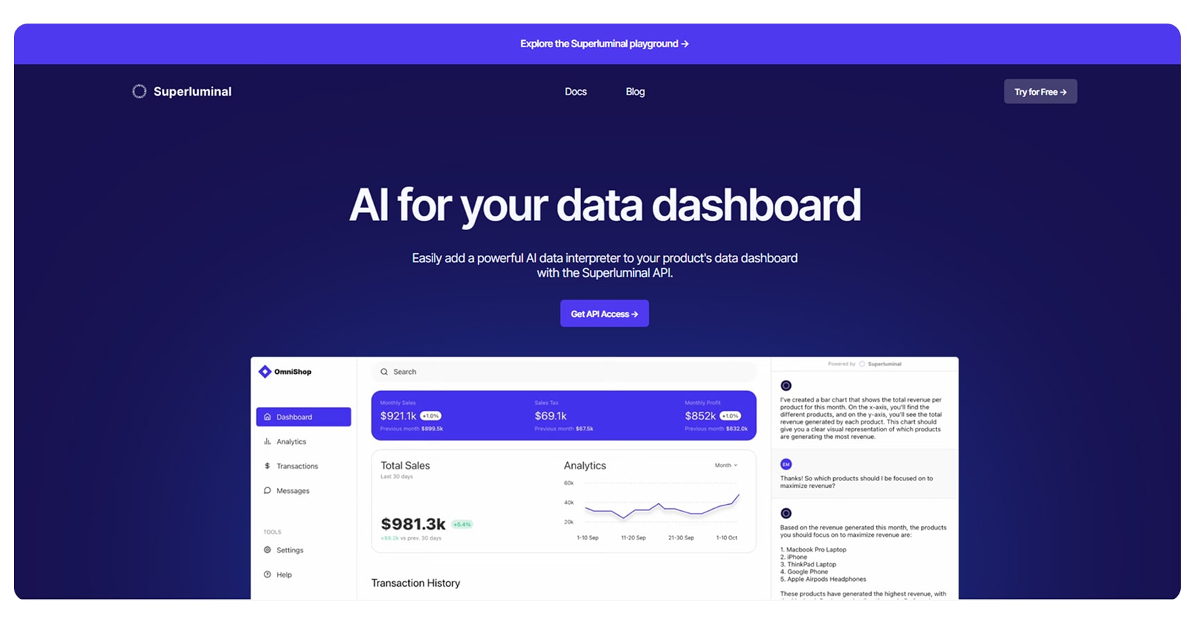 Screenshot of the Superluminal's homepage for The Best AI Apps And Tools For Ecommerce article
