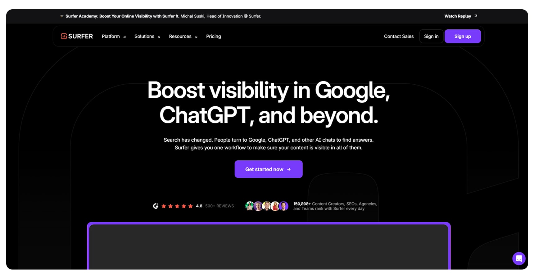 Screenshot of the Surfer SEO's homepage for The Best AI Apps And Tools For Ecommerce article