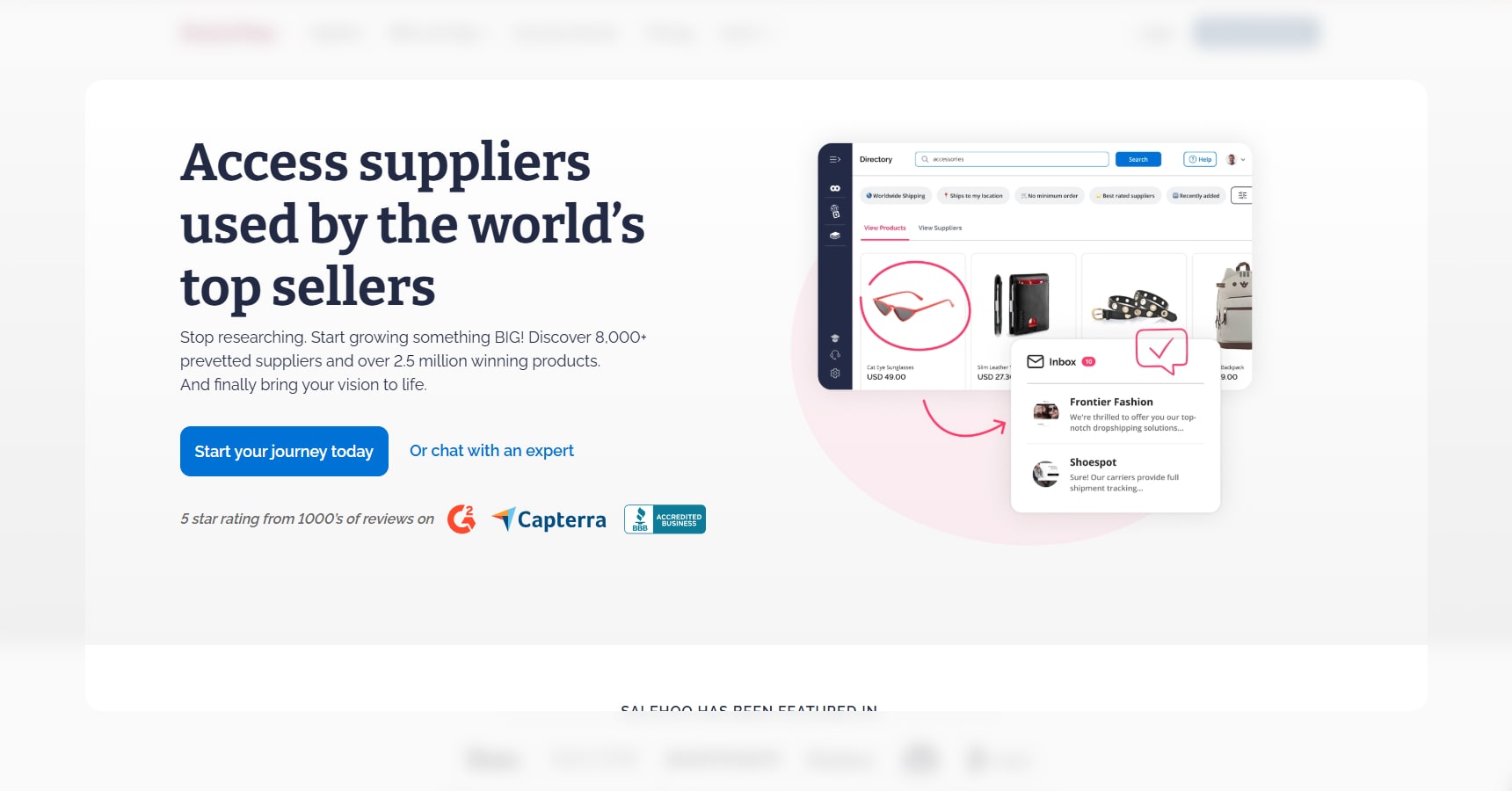 Screenshot of the SaleHoo's homepage for the Best Dropshipping Sites article