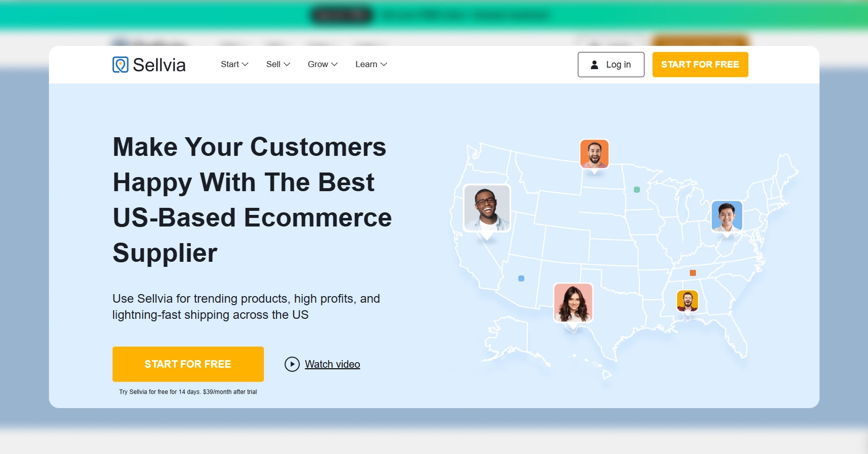 Screenshot of the Sellvia's homepage for the Best Dropshipping Sites article