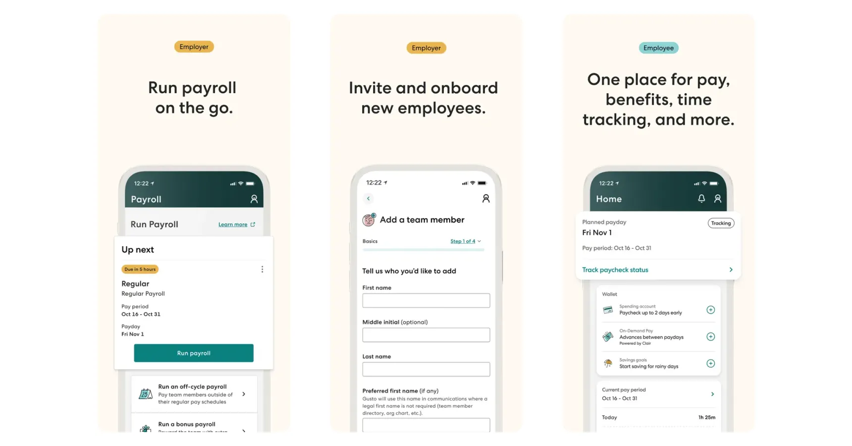 Images of the Gusto app for the best apps for small business article