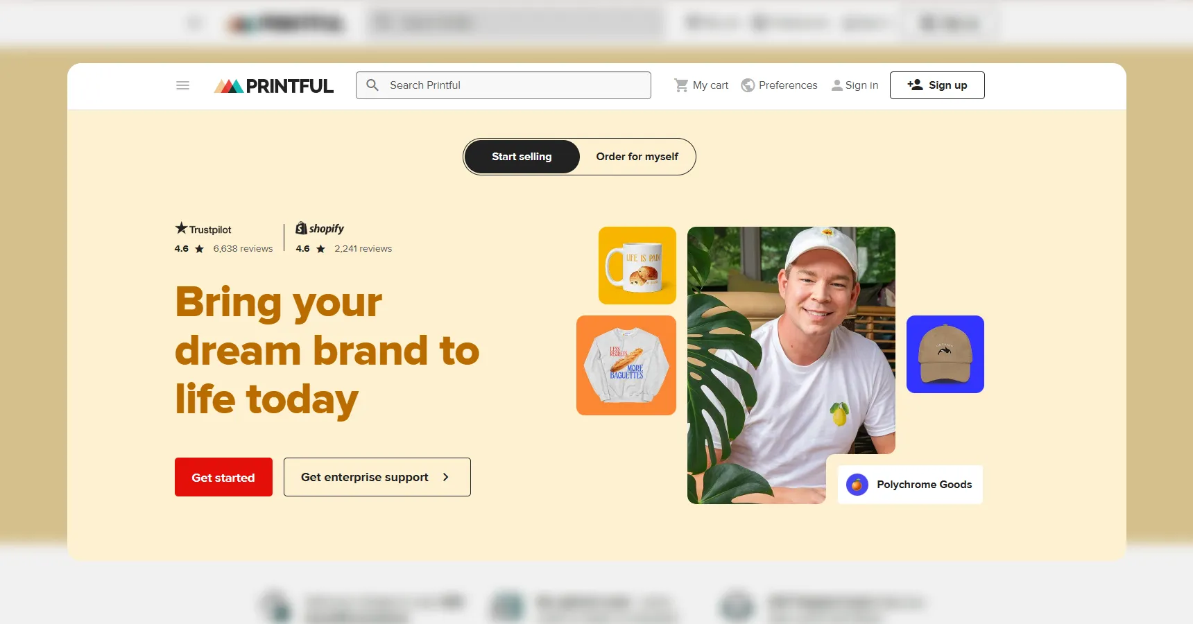 A screenshot of the Printful's homepage for the best dropshipping suppliers article
