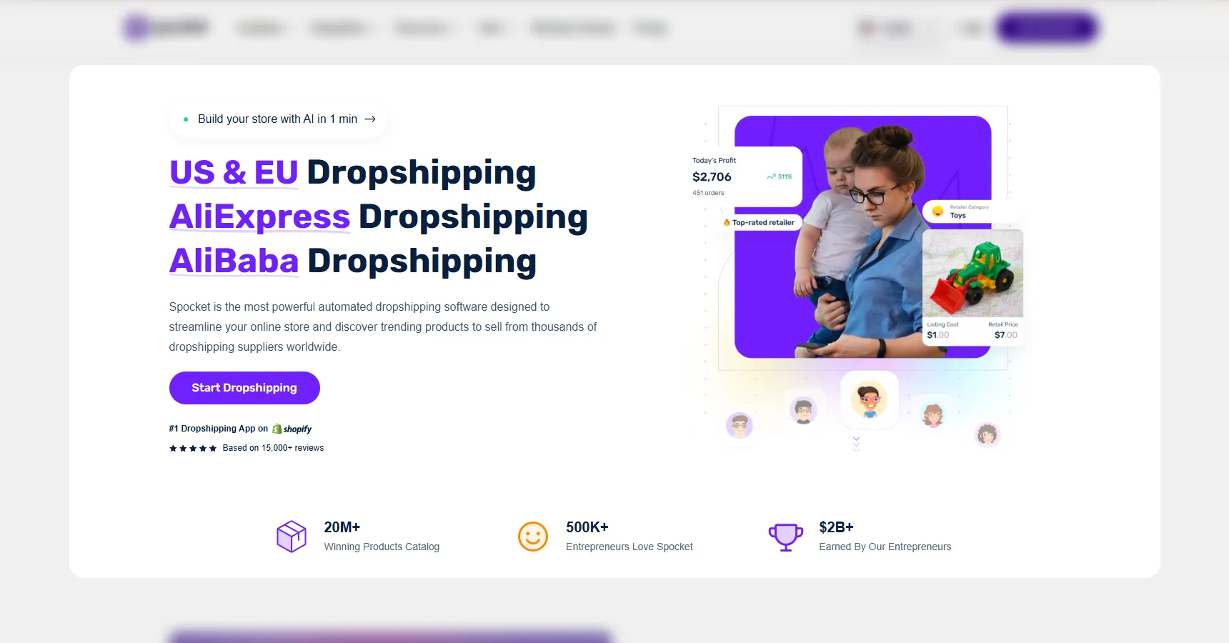 A screenshot of the Spocket's homepage for the best dropshipping suppliers article