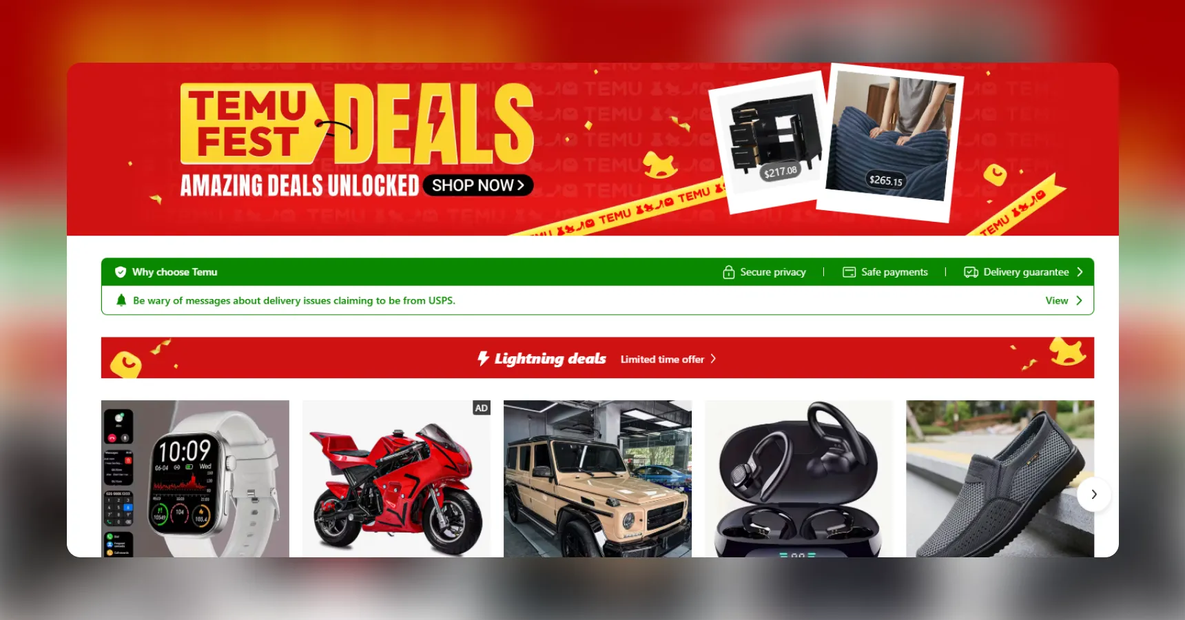 Screenshot of Temu's homepage for use in the article 'Temu vs AliExpress'