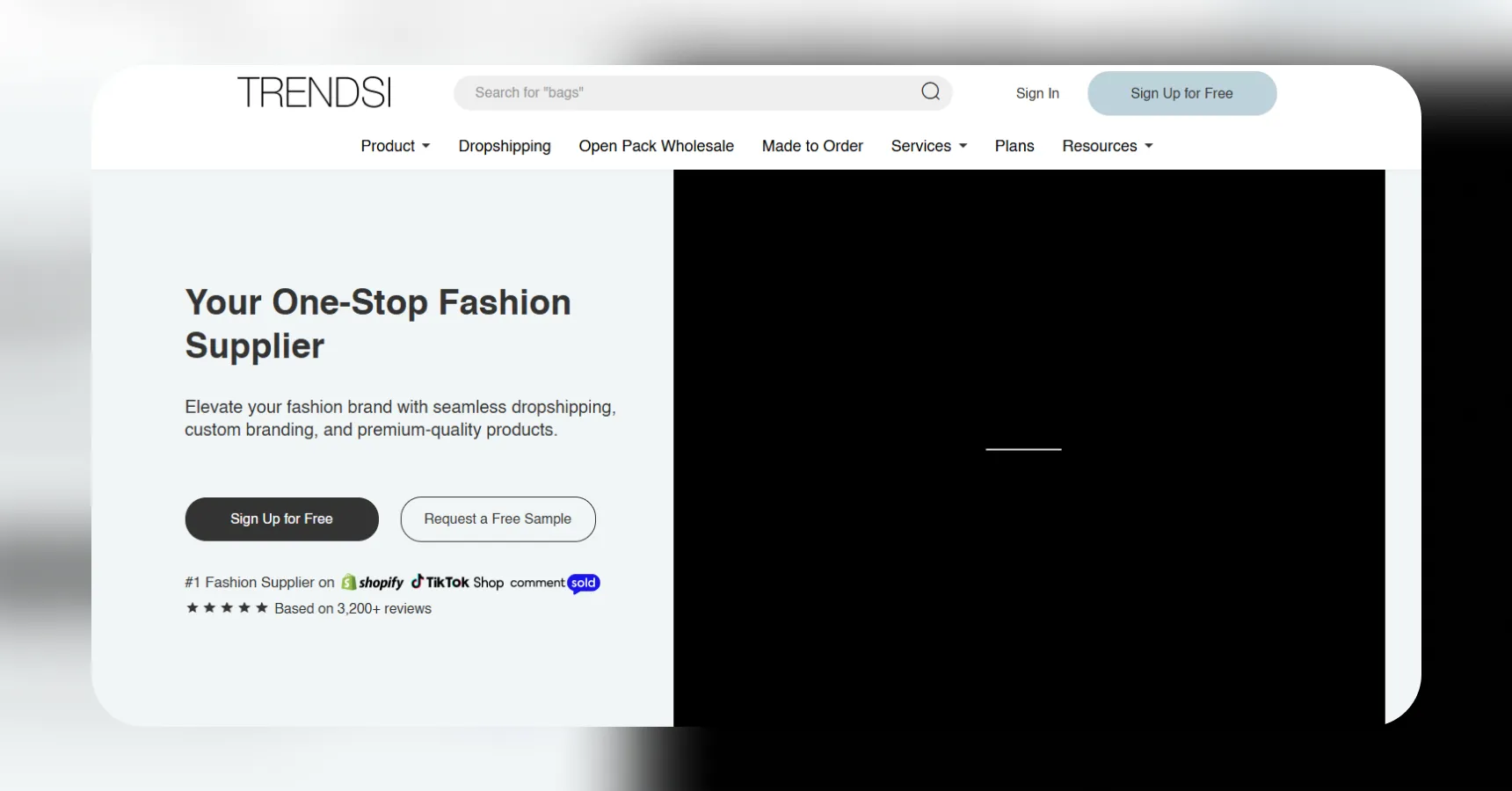 Screenshot of the Trendsi homepage for an article on the best clothing dropshipping suppliers